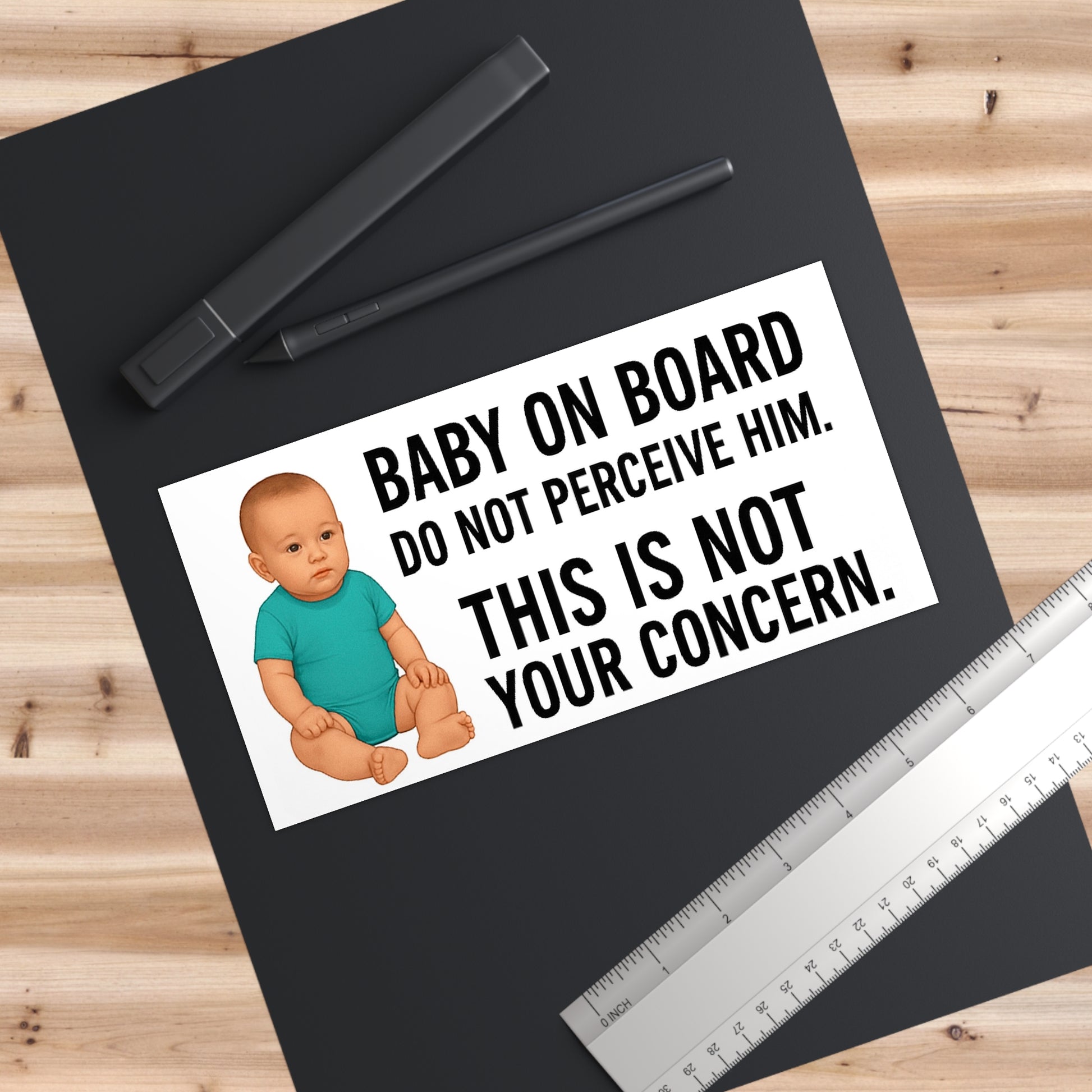 Funny Baby on Board Bumper Sticker - Do Not Perceive Him - Weird Ironic Satirical Car Decal - Absurd Baby on Board Parody