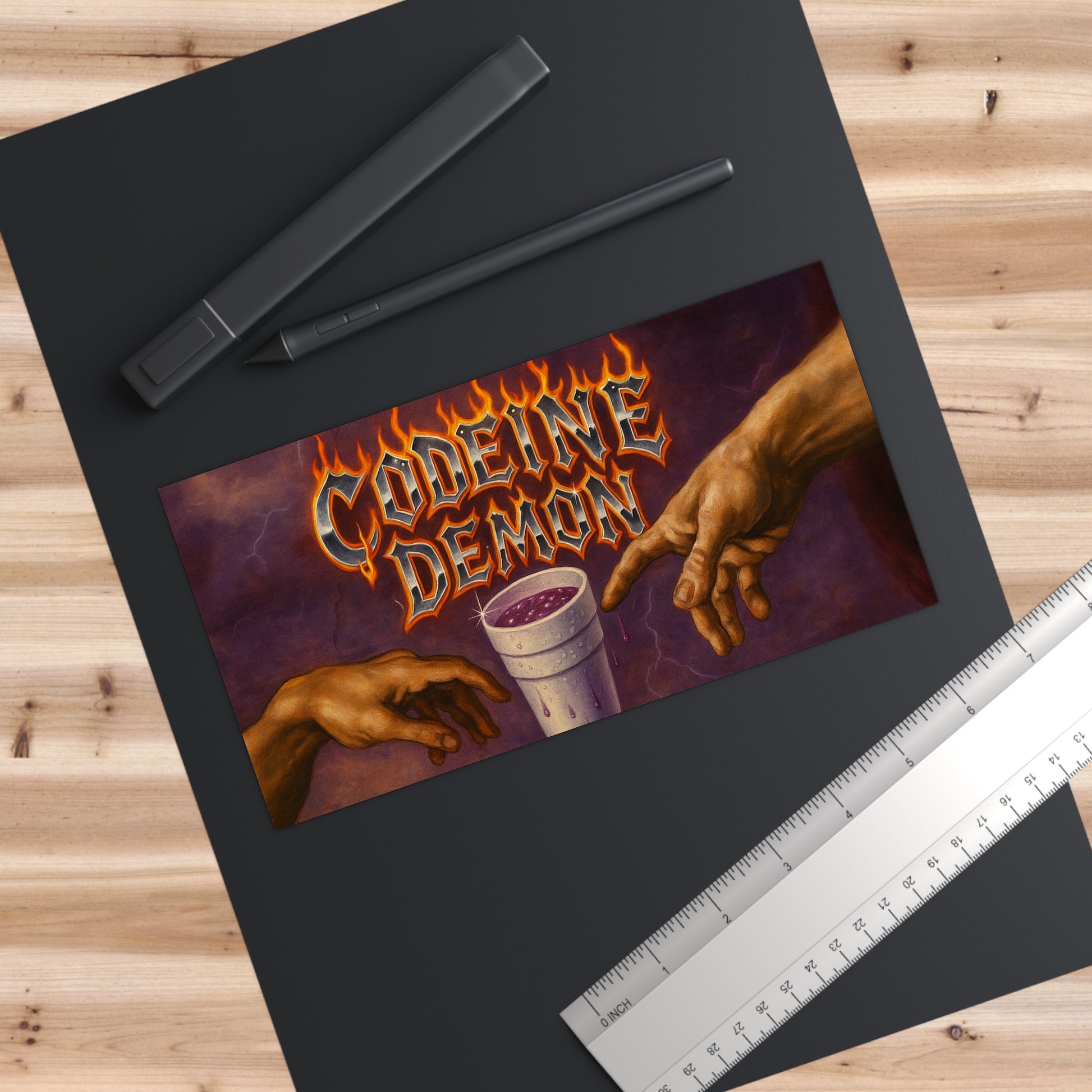 Codeine Demon Gothic Bumper Sticker- Double Styrofoam Cup Divinity in Fire Font Car Decal
