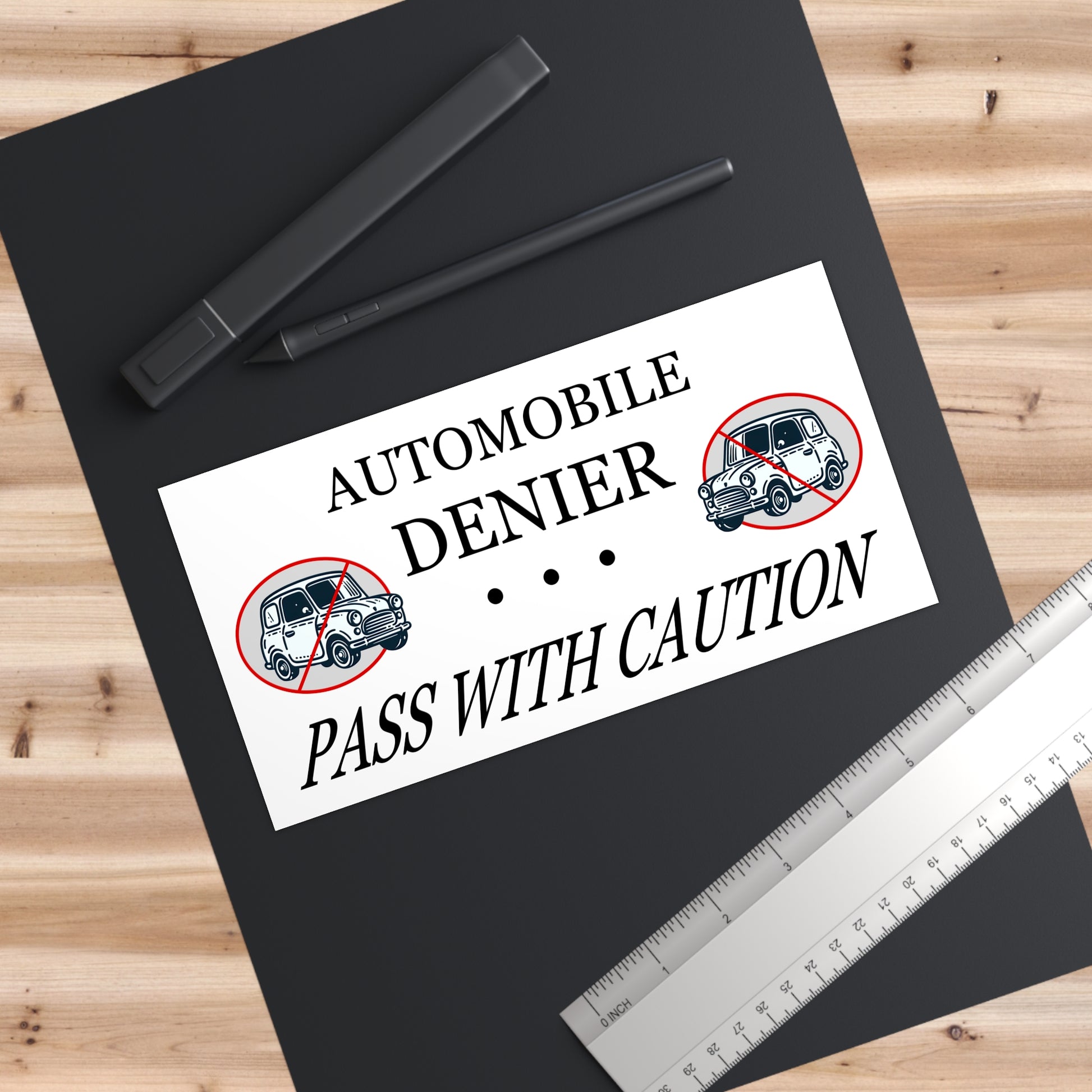Funny Bumper Sticker - Automobile Denier, Pass with Caution - Quirky Meme Car Decal