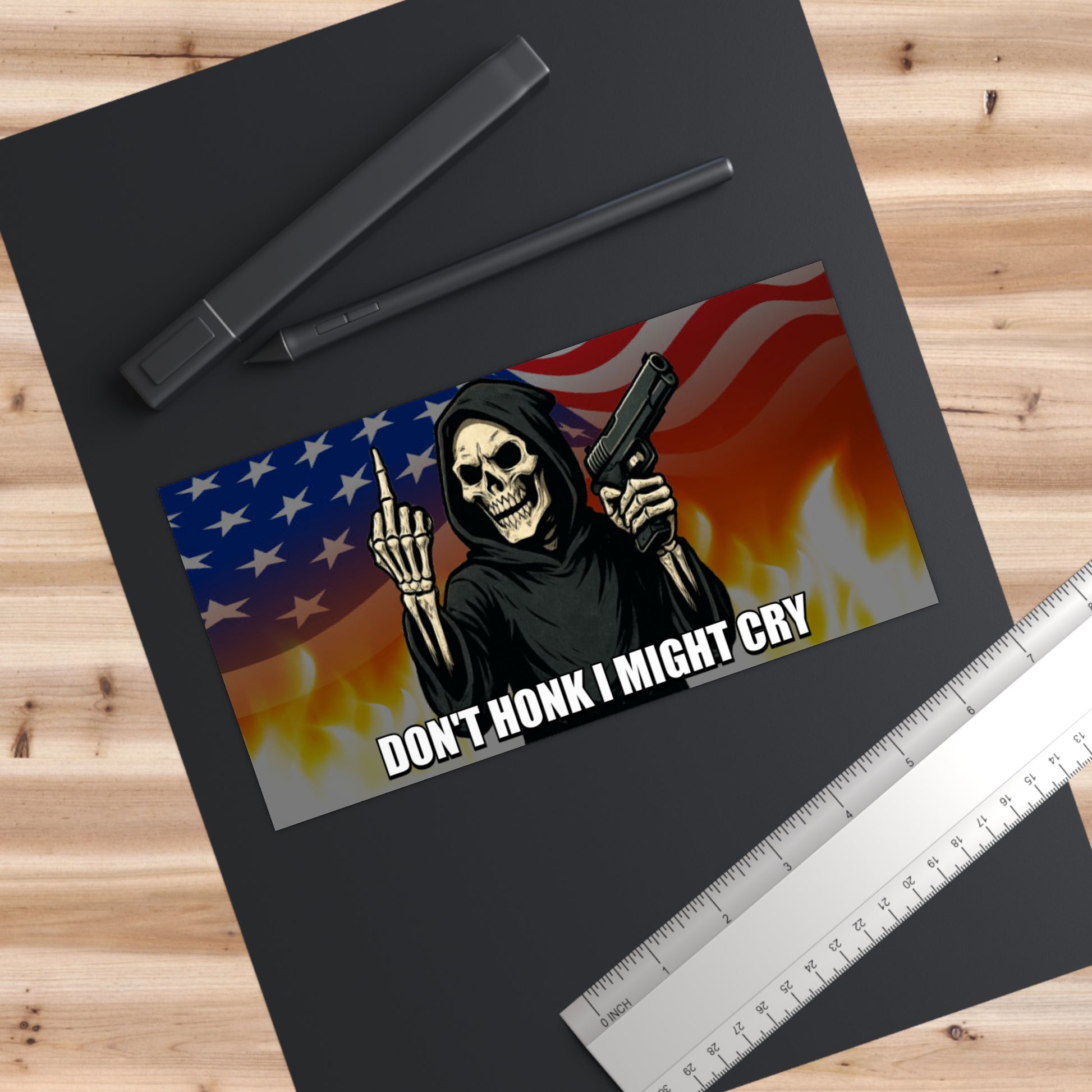 Don't Honk I Might Cry Bumper Sticker - Funny Skeleton with Gun Flipping Off, Grim Reaper Meme Decal, Dark Humor Car Sticker